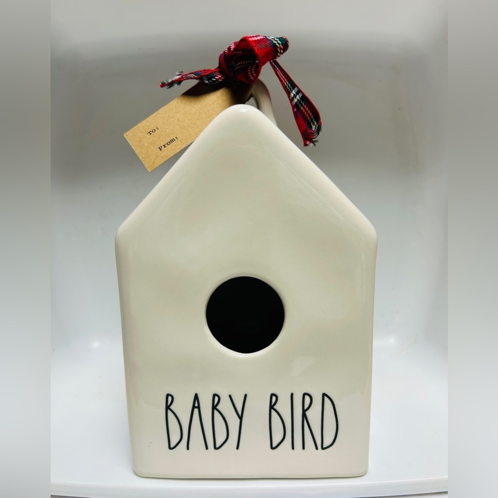 Rae Dunn ceramic bird house, white with black letters “BABY BIRD” NEW.